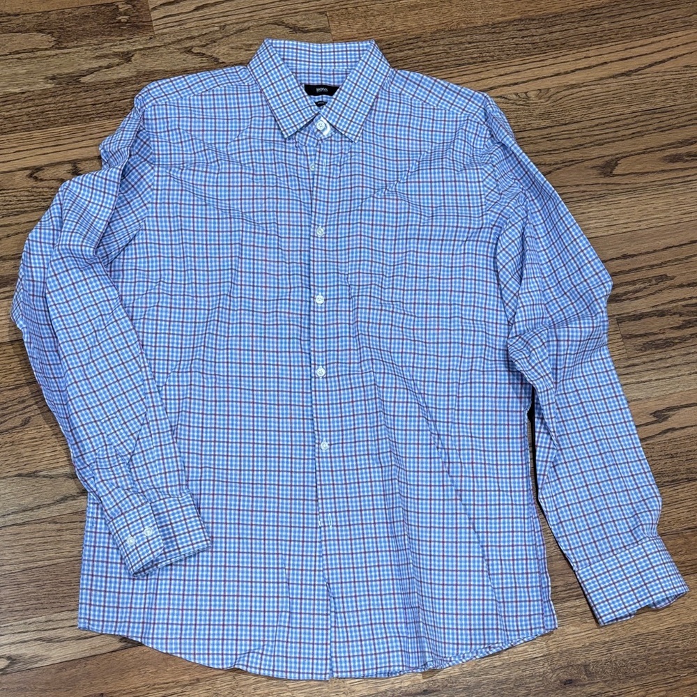 Hugo Boss Blue and White Windowpane Check Dress Shirt 17 1/2